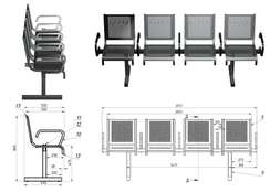 Секция стульев перфорированная четырехместная неразборная на квадратной трубе с подлокотниками