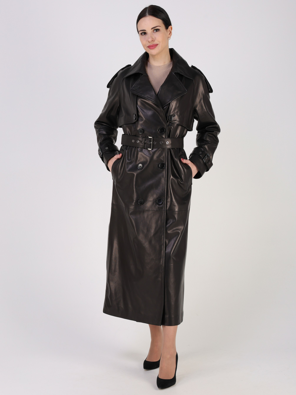 Тренч длинный кожаный с поясом плащ