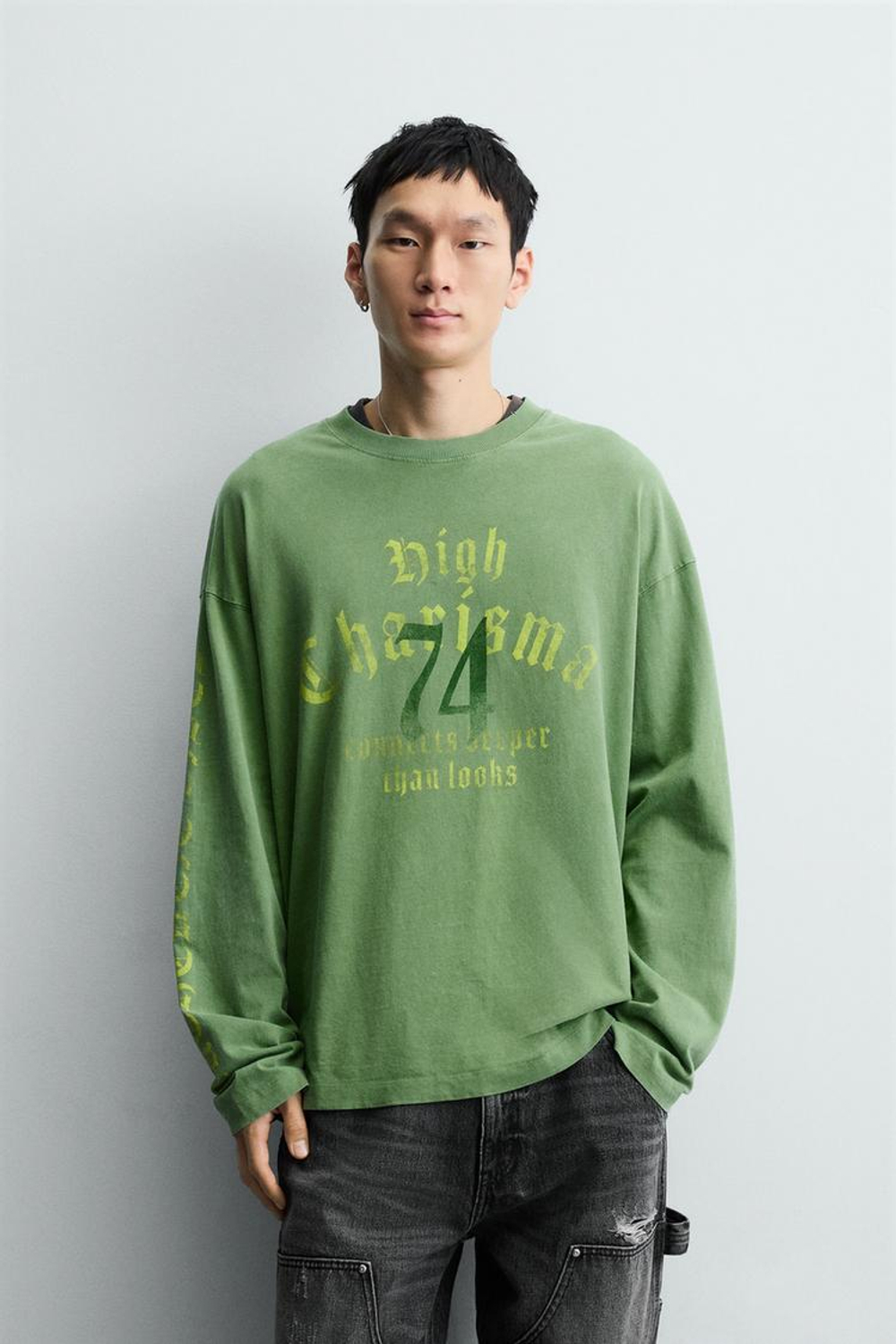 ZARA ФУТБОЛКА С НАДПИСЯМИ И ЭФФЕКТОМ ПОТЕРТОСТИ, СВЕТЛО-ЗЕЛЕНЫЙ