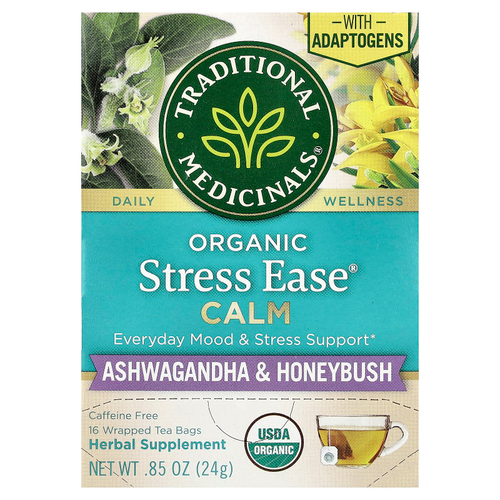Traditional Medicinals, Organic Stress Ease® Calm, ашваганда и ханибуш, без кофеина, 16 чайных пакетиков в упаковке, 24 г (0,85 унции)