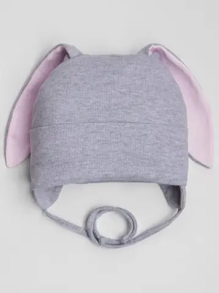 Шапка с ушками для девочки трикотажная на завязках