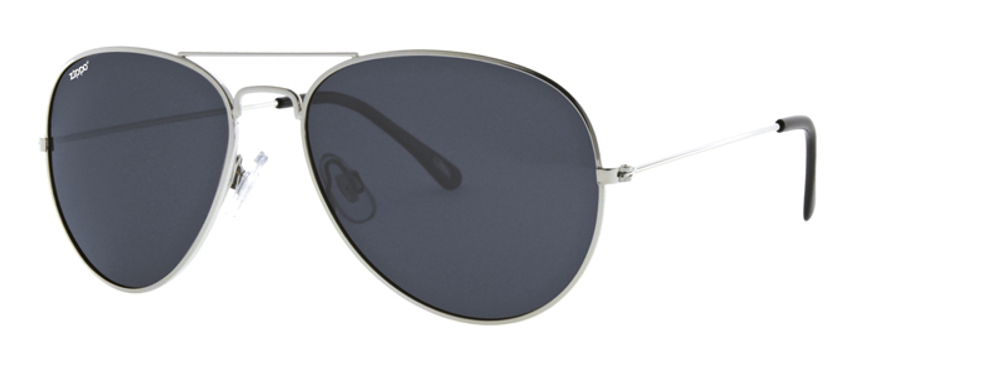 Стильные фирменные высококачественные американские мужские солнцезащитные очки серебристые из металла с чёрными стёклами Zippo OB36-09 в мешочке и коробке