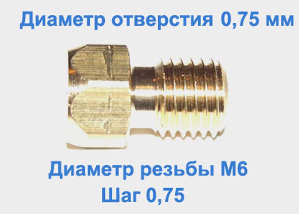 Жиклер диаметром резьбы М 6 с шагом 0,75 мм с отверстием 0,75 мм