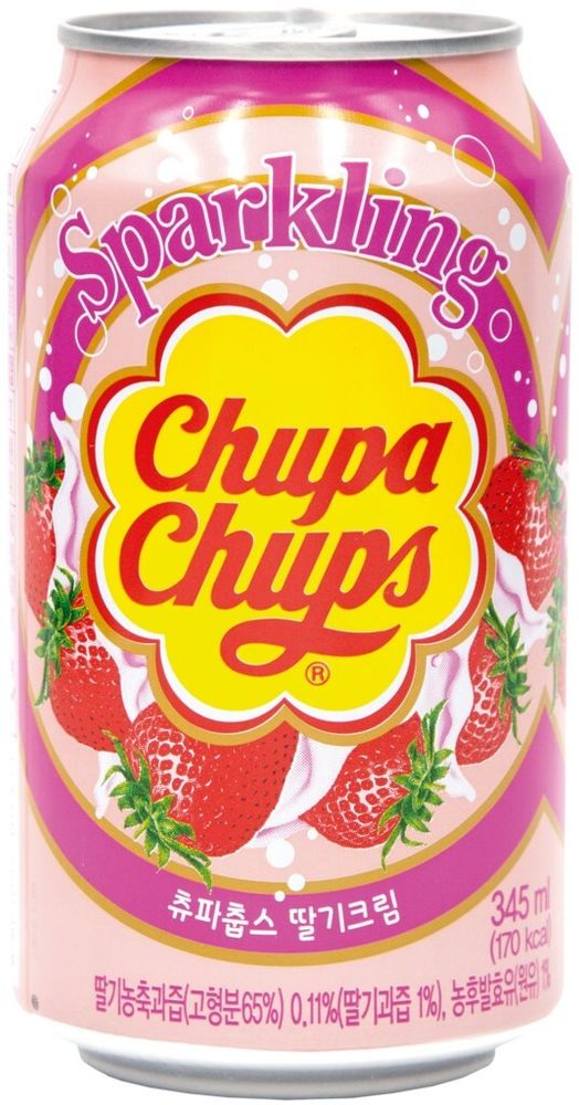 Газированный напиток Чупа Чупс Клубника со Сливками / Chupa Chups Sparkling Strawberry &amp; Cream 0.345 - банка