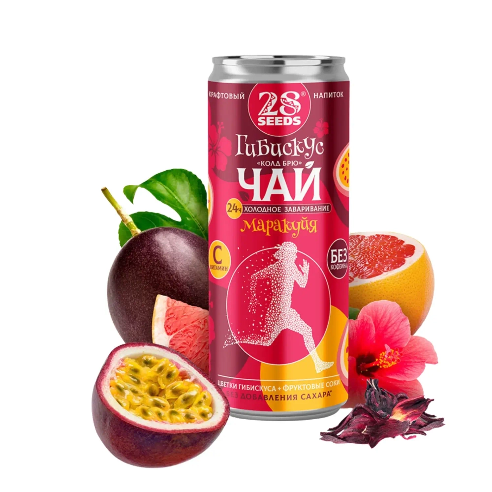 Гибискус чай «Колд брю» Маракуйя 28SEEDS в банке на фоне маракуйи, лепестков гибискуса