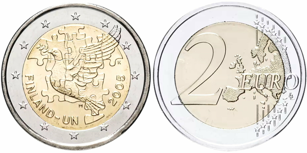 Финляндия 2 евро, 2005 60 лет ООН и 50 лет членству Финляндии в ООН