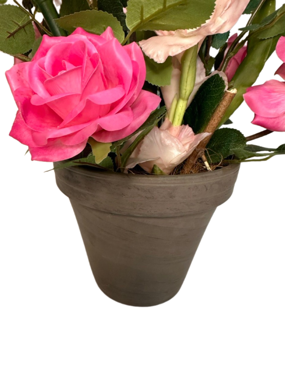 Композиция с гладиолусами, каллами и розами в коричневом кашпо, в-72 см