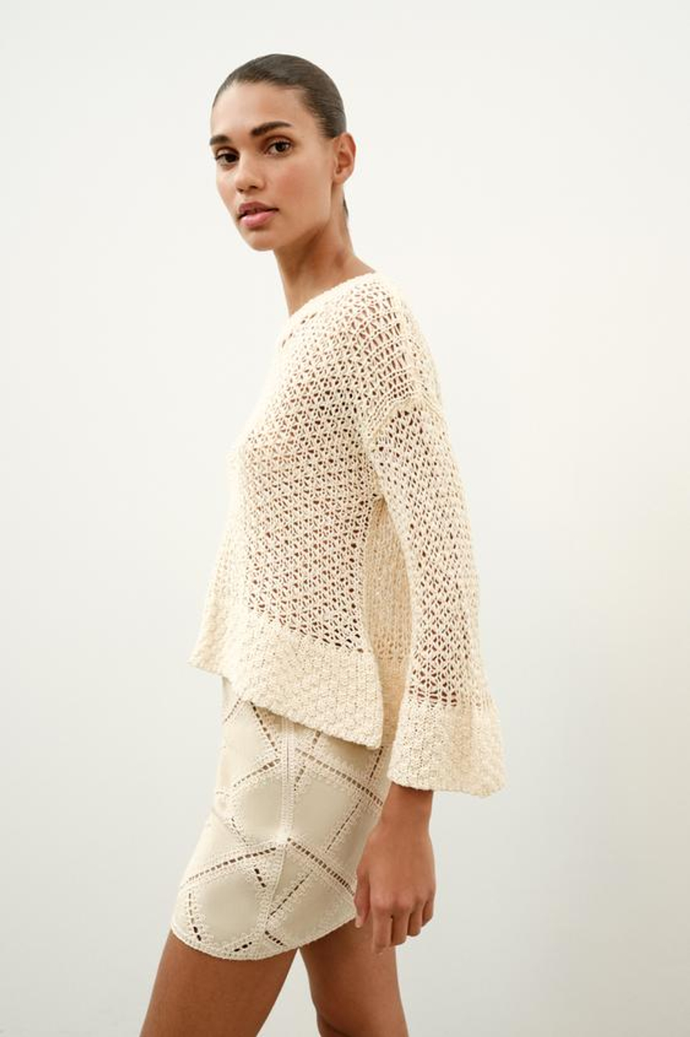 ZARA ЮБКА В СТИЛЕ ПЭЧВОРК КРОШЕ, ЭКРЮ