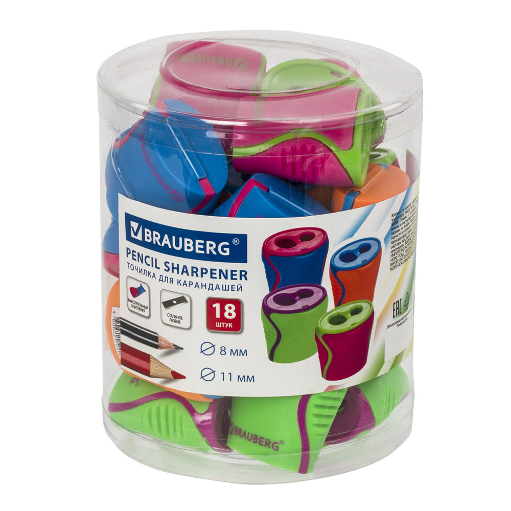 Точилка BRAUBERG "Mix Dual" 2 отверстия для чернографитных карандашей (в том числе утолщенных) с контейнером корпус ассорти (18 штук в упаковке)