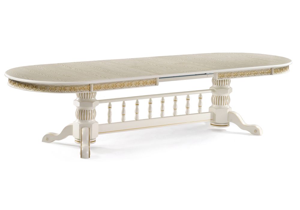 Деревянный стол Кассиль 260(330)х110х77 слоновая кость с золотой патиной