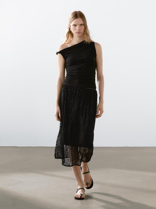 Massimo Dutti Топ из хлопка с драпировкой и узлом, черный
