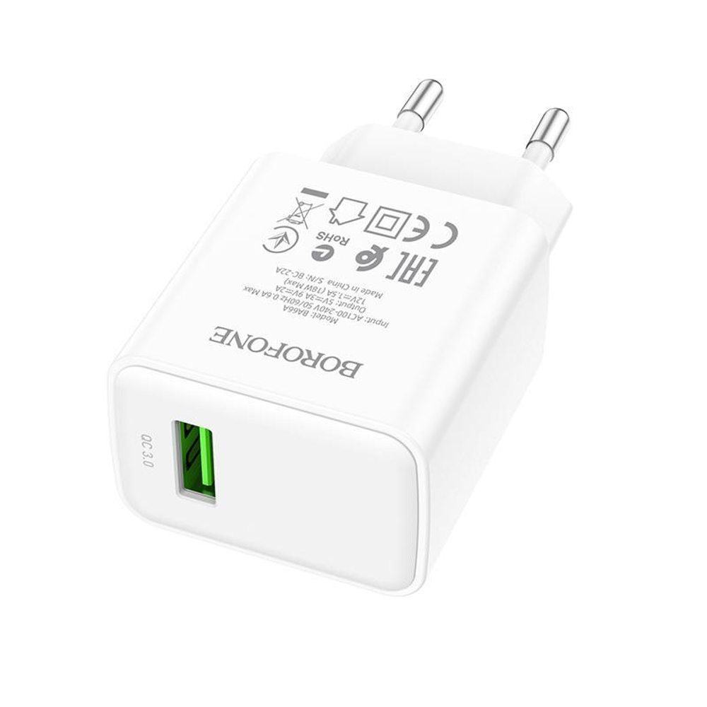 Сетевая зарядка с поддержкой быстрой зарядки QC3.0 3А BOROFONE BA66A QC3.0 Белый