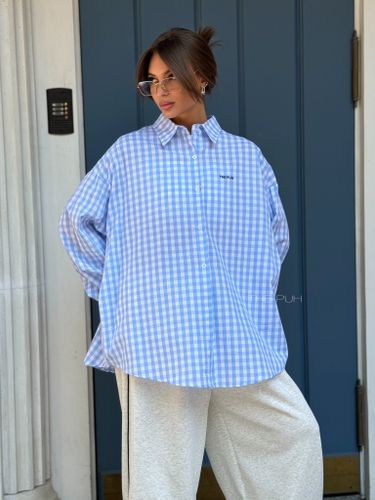 Голубая хлопковая оверсайз рубашка в клетку