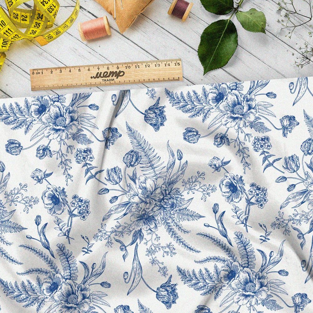 Ткань саржа синие листья и цветы