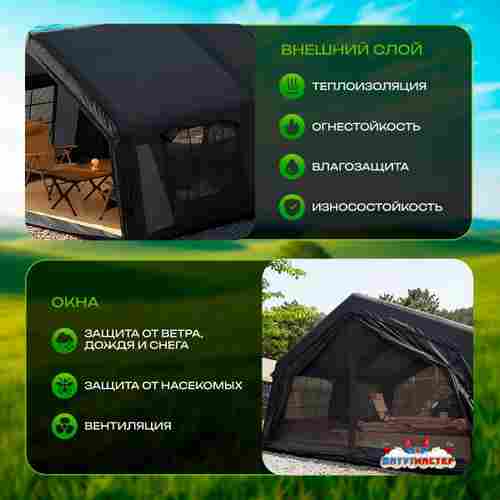 Пневмокаркасная всесезонная палатка «Тёплая Искра» 3,6×4,8×2,2 м — с печкой, из ПВХ, чёрная
