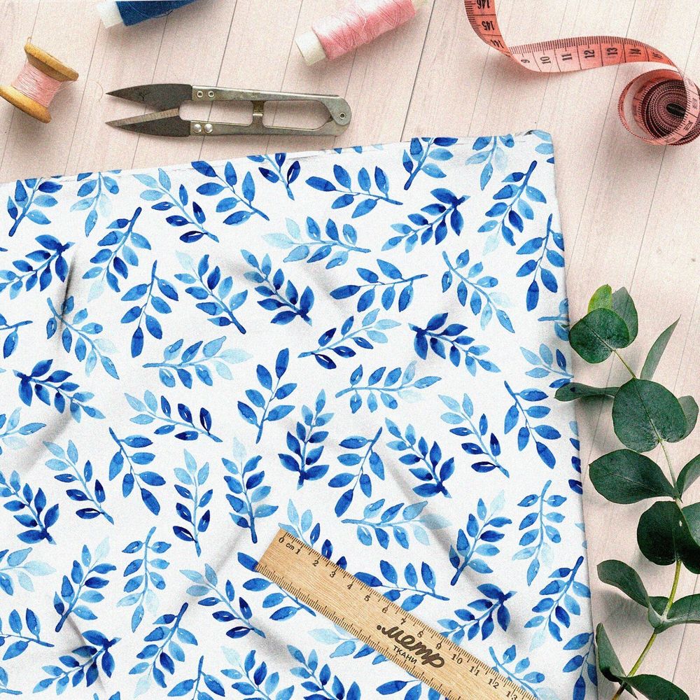 Ткань мембрана акварельные синие листочки