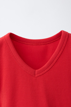 ZARA ТОП В РУБЧИК С V-ОБРАЗНЫМ ВЫРЕЗОМ, КРАСНЫЙ