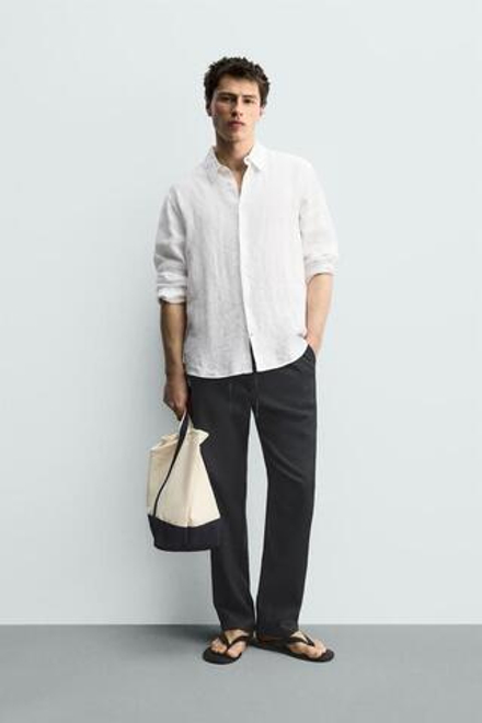 ZARA БРЮКИ RELAXED FIT ИЗ ХЛОПКА И ЛЬНА, МОРСКОЙ СИНИЙ