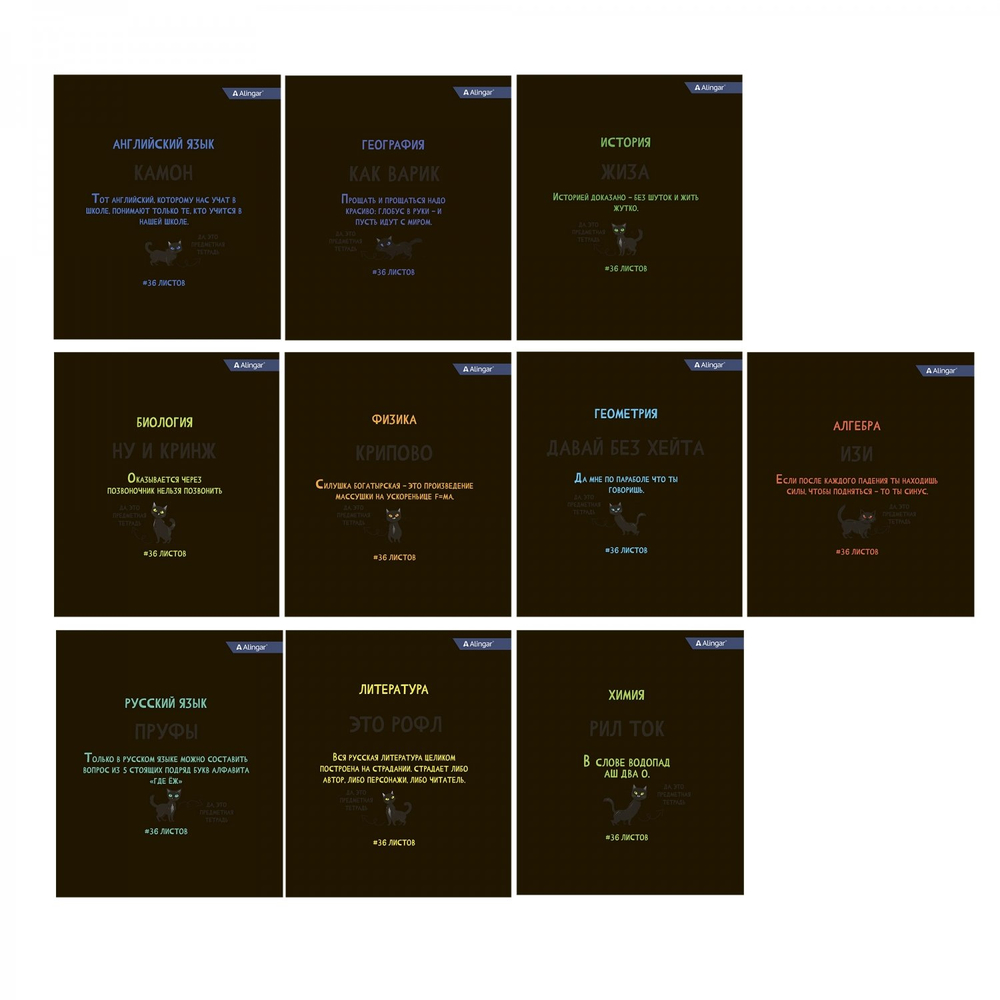 Комплект предметных тетрадей А5 36л.,10 предметов, со справочным материалом, скрепка, мелованный картон (стандарт), блок офсет, Alingar "Котомемы"