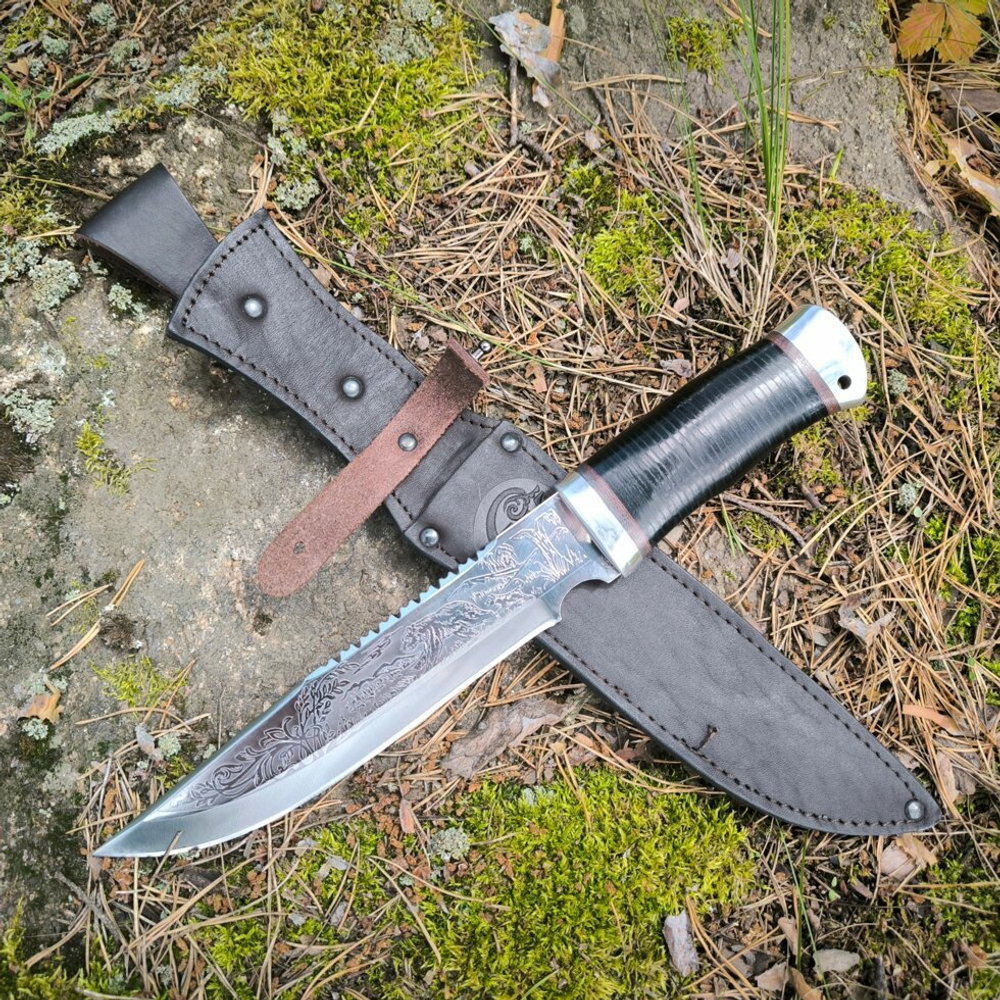 Нож кованый НС-05А алюминиевые вставки, гравировка (Златоуст)