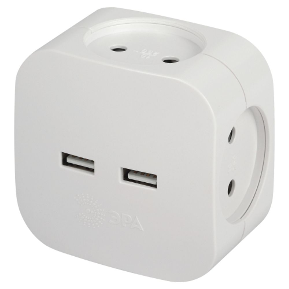 Разветвитель электрический ЭРА SP-4-USB-W на 4 розетки + 2xUSB 2400mA без заземления 10А белый | Электротовары