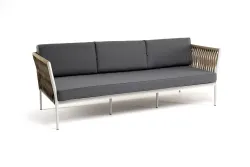 "Касабланка" диван 3-местный плетеный из роупа, каркас алюминий светло-серый (RAL7035) муар, роуп серо-коричневый 23мм, ткань серая 017