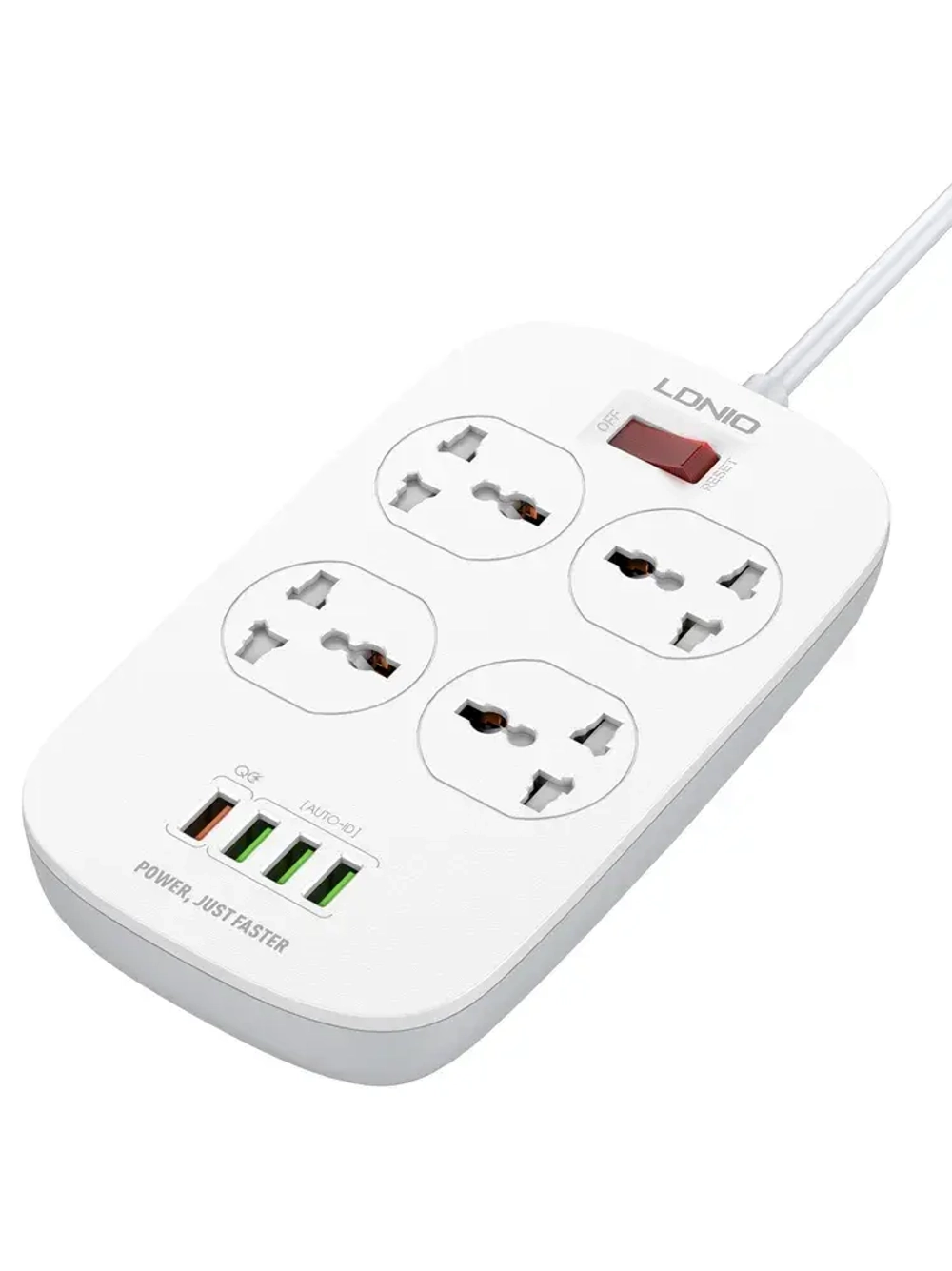LDNIO cетевой фильтр с умной зарядкой, модель SC4407Q, 2 метра, 4 USB, тройник разветвитель с заземлением и выключателем, белый