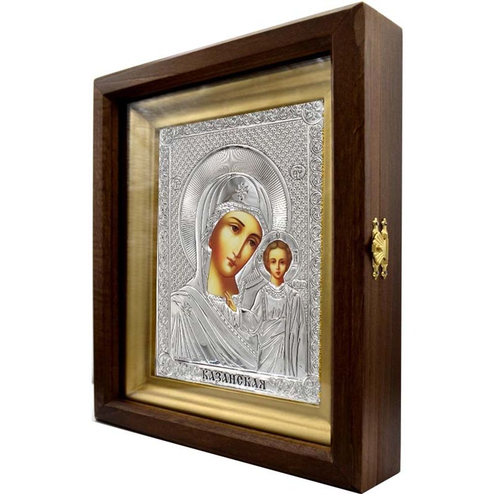 Казанская икона Божьей Матери в серебряном окладе в киоте