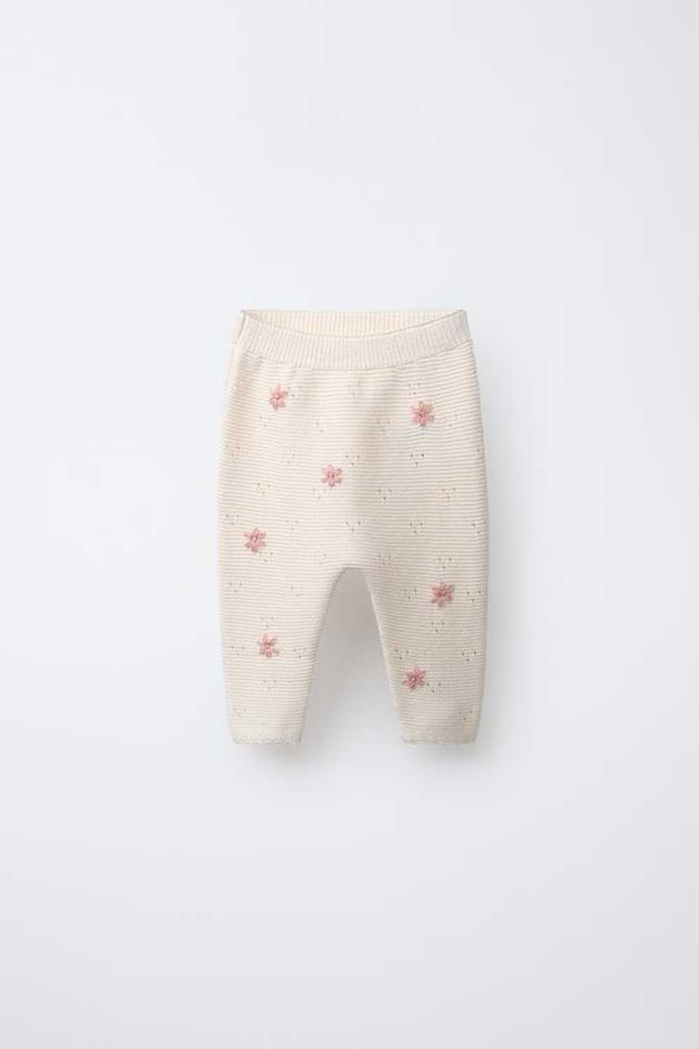 ZARA ТРИКОТАЖНЫЕ БРЮКИ С ВЫШИТЫМИ ЦВЕТАМИ, СЛОНОВАЯ КОСТЬ