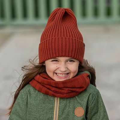 Turn-up beanie hat of blend yarn - Terracotta