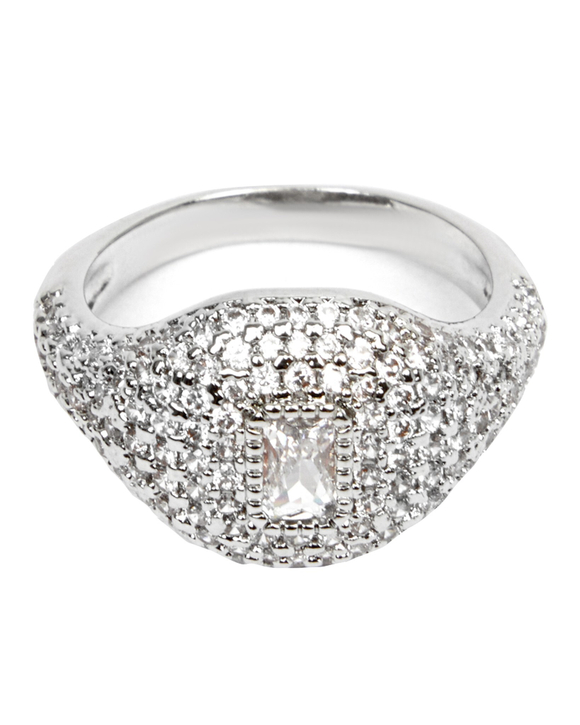 Кольцо квадратное, россыпь цирконов, центральный багетный камень, серебро