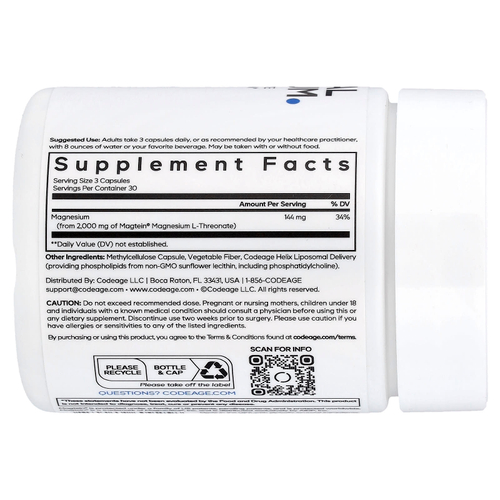 Codeage, липосомальный L-треонат магния, 90 растительных капсул