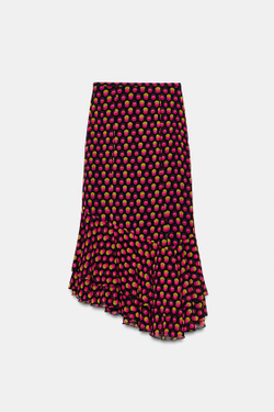 ZARA ЮБКА МИДИ АСИММЕТРИЧНОГО КРОЯ В ГОРОШЕК, ЧЕРНЫЙ/ЦВЕТ ФУКСИИ