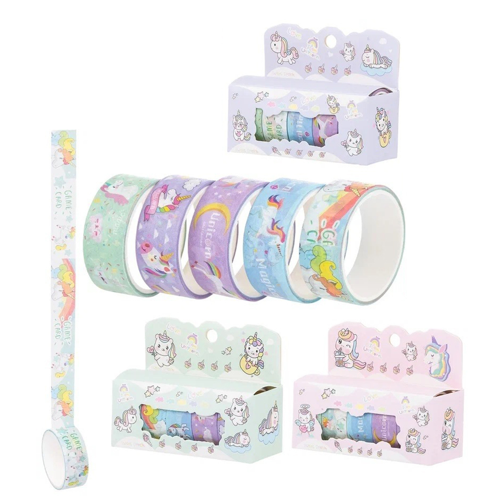 Клейкая лента (скотч) декоративная Basir, цветная, с рисунком - единороги, 15 мм, 2 м, набор - 5 шт