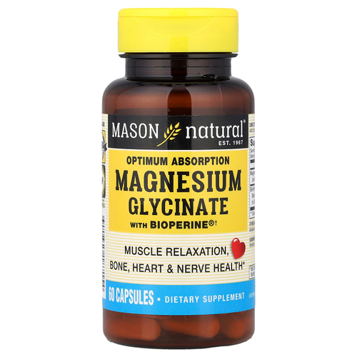 Mason Natural, глицинат магния для оптимального усвоения с BioPerine®, 60 капсул
