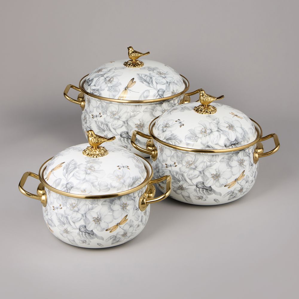 НАБОР КАСТРЮЛЬ AGNESS ЭМАЛИРОВАННЫХ СЕРИЯ "ЯБЛОНЕВЫЙ САД", 6ПР. 2,1Л, 2,8Л И 3,8Л