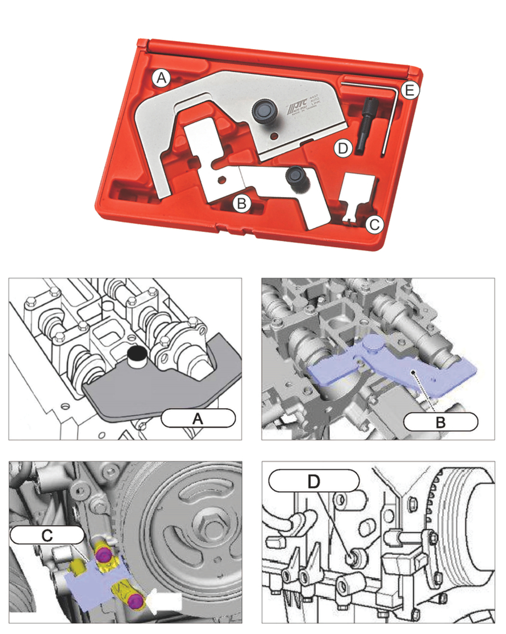 JTC-4437 - Набор приспособлений для фиксации коленвала и распредвала (FORD 2.0 Ecoboost) JTC - Комплектация 

Планка для фиксации распредвала (до мая 2011 г.в.).
Планка для фиксации распредвала (после мая 2011 г.в.).
Планка для фиксации коленвала.
Штифт для фиксации коленвала.
Стопор маховика.


Описание

Используется для регулирования положений распределительного и коленчатого вала.
Оригинальные номера: 303-1504, 303-1565, 303-1521, 303-748.


Применение

FORD 2.0L Ecoboost (бензиновый двигатель) 2010-.
Тип двигателя: TNWA, TNWB, TPWA, TNBA, TPBA, MGDA, XQDA.