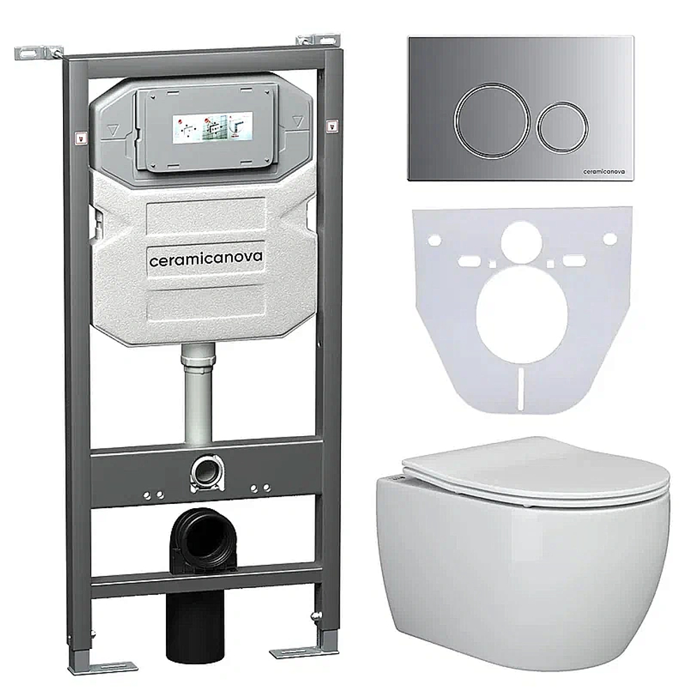 Унитаз подвесной Ceramica Nova PLAY CN3001_1001M_1000 безободковый, с крышкой микролифт, с инсталляцией и кнопкой матовый хром