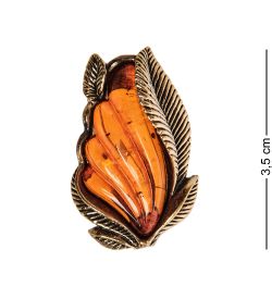 AM-2567 Брошь «Винтажный листик» (латунь, янтарь)