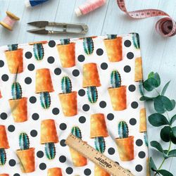 Ткань барби кактусы в горшках на белом в горошек фоне