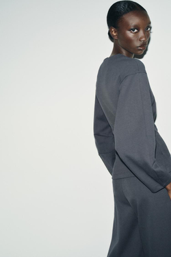 ZARA ТОП ИЗ ИНТЕРЛОКА СО СКЛАДКАМИ, ТЕМНО-СЕРЫЙ