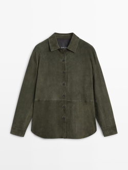 Massimo Dutti Замшевая рубашка с декоративными швами, зеленый