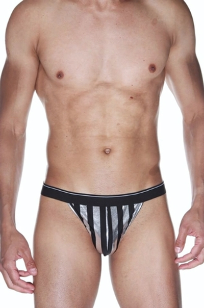 Черные мужские трусы-тонги в серебристую полоску (Размер: S-M) (Цвет: черный с серебристым)