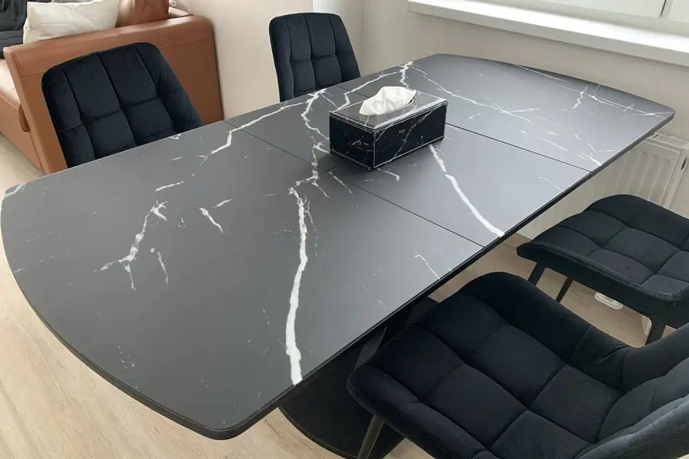 Стол кухонный обеденный раздвижной Чёрный Муар/Стекло Чёрный Мрамор, Салерно, 120х80х75 см