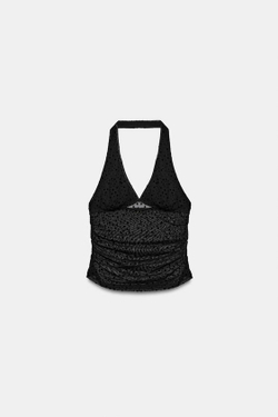 ZARA ТОП С ГОРЛОВИНОЙ ХАЛТЕР И УЗОРОМ PLUMETI, ЧЕРНЫЙ
