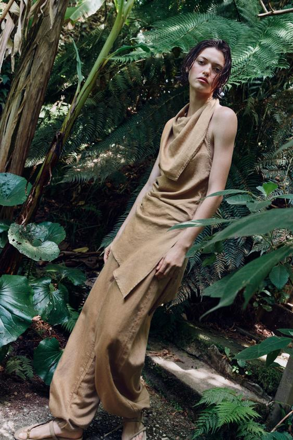 ZARA ЛЬНЯНЫЕ БРЮКИ С ШИРОКИМИ ШТАНИНАМИ И ШНУРКАМИ, ПЕСОЧНЫЙ