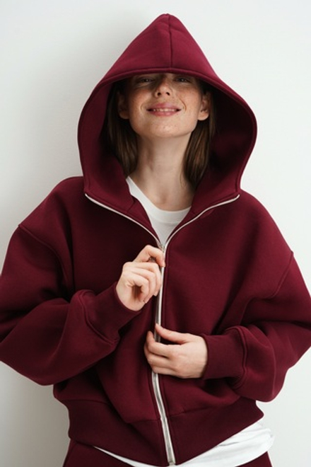 Худи на молнии укороченная с начесом, бордо