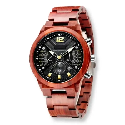 Часы наручные из натурального дерева кварцевые KUNHUANG на деревянном браслете, красное дерево W9150-01