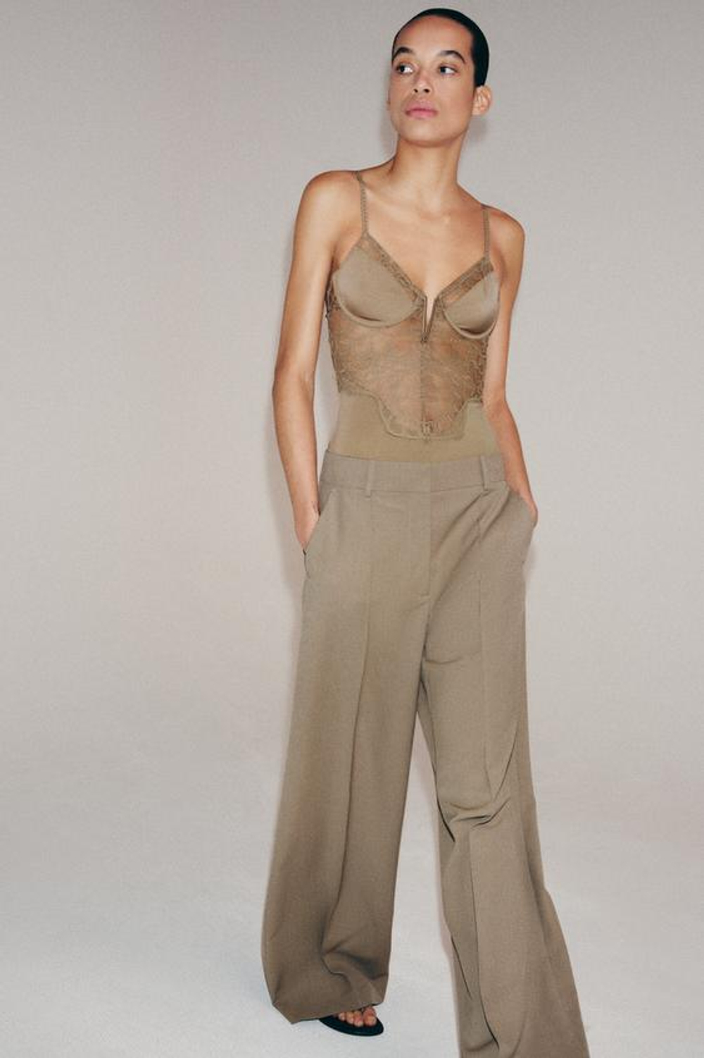 ZARA БРЮКИ MINIMAL WIDE LEG — ZW COLLECTION, СЕРО-КОРИЧНЕВЫЙ