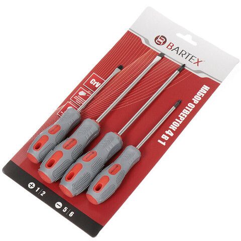 Набор отверток 4 пр, Bartex, PH 1,2/ SL 5,6, антискользящая двухкомпонентная, CrV сталь, шт